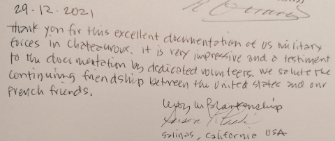 The kind words left by Susie and Lee Blankenship on our association’s guest book