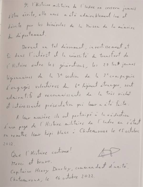 La page du livre d’or rédigée par le capitaine Develey commandant la compagnie d’instruction du 4ème Régiment Etranger de Castelnaudary